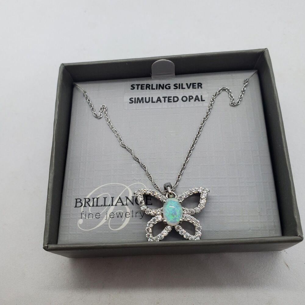 18" Sterling Silver Simulated Opal Butterfly Necklace